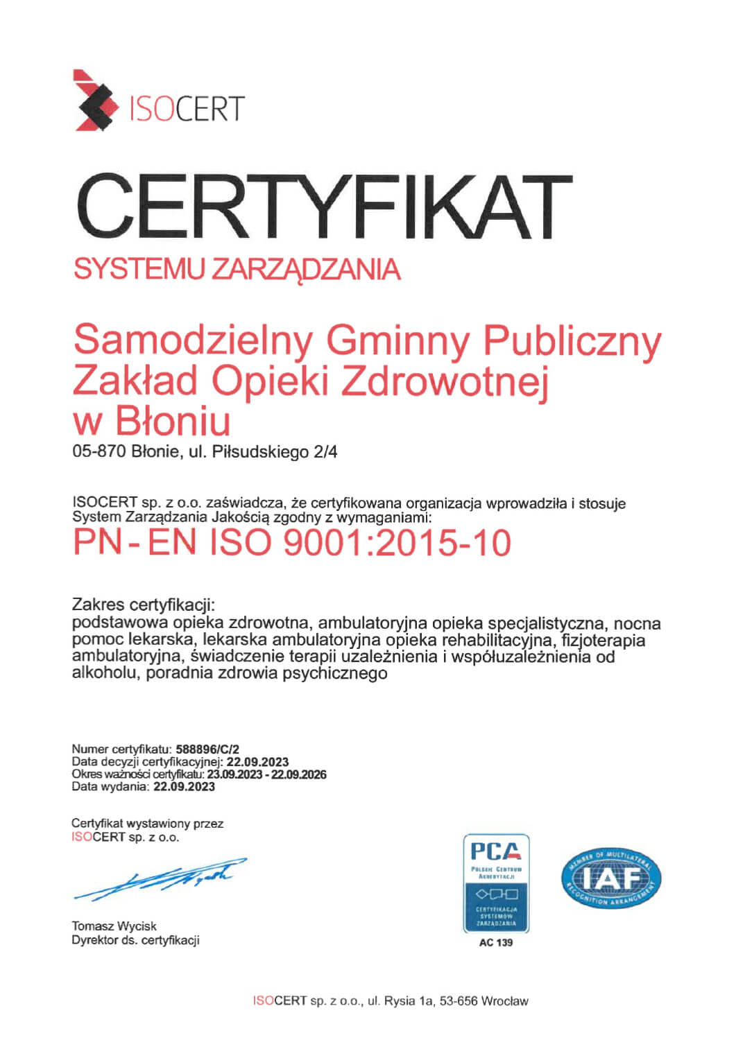 Certyfikat ISO Przychodnia Błonie